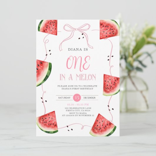 Pink Bow Watermelon First Birthday Invitation Kaart (Staand voorkant)