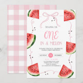Pink Bow Watermelon First Birthday Invitation Kaart (Voorkant / Achterkant)