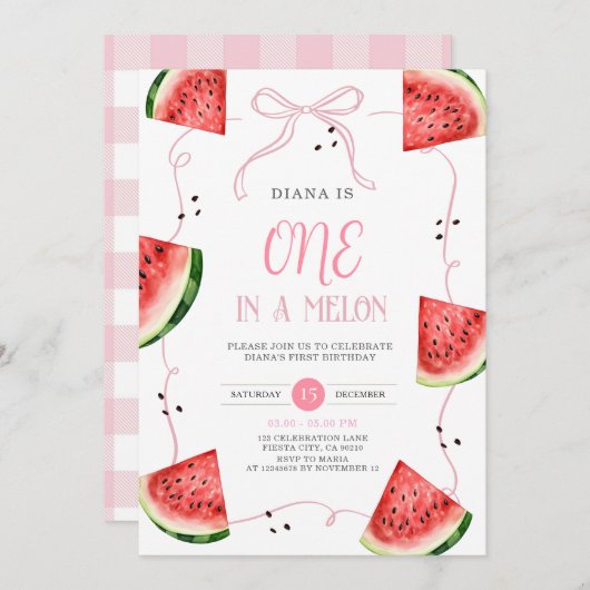 Pink Bow Watermelon First Birthday Invitation Kaart (Voorkant / Achterkant)