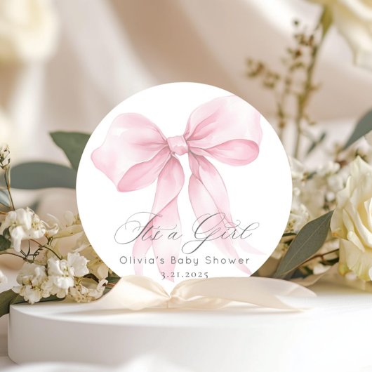Pink Bow Waterverf Het is een meisje Baby shower Ronde Sticker
