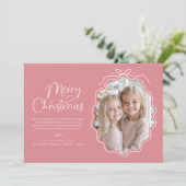 Pink Bow Wavy Foto Kerstmis Feestdagenkaart (Staand voorkant)