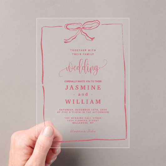 Pink Bow Wedding Acryl Uitnodigingen (Insitu (Draagbaar))