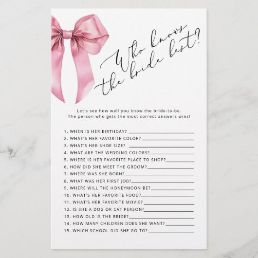 Pink Bow Wie kent de bruid beste bruids spel (Voorkant)