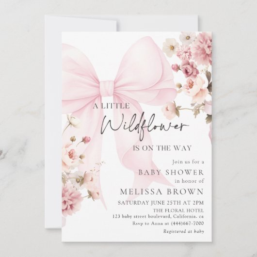 Pink Bow Wildflower Baby Shower Invitation Kaart (Voorkant)