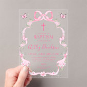 Pink Bow Wildflower Butterfly Baptism Christening Acryl Uitnodigingen (Insitu (Draagbaar))