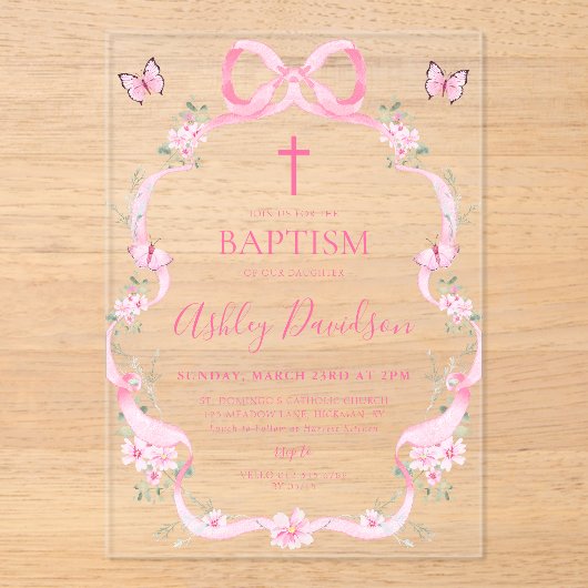 Pink Bow Wildflower Butterfly Baptism Christening Acryl Uitnodigingen (Voorkant)