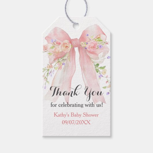 Pink Bow Wildflowers Thank You Cadeaulabel (Voorkant)