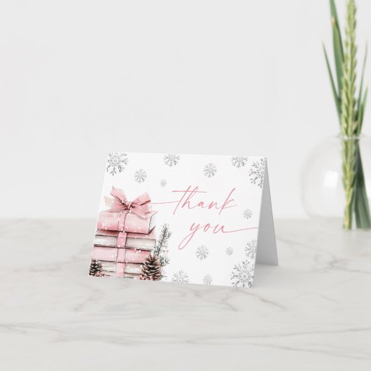 Pink Bow Winter Baby Shower, A New Chapter Begins Bedankkaart (Voorkant)