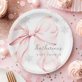 Pink Bow Winter Baby Shower Party Paper Plate Papieren Bordje
