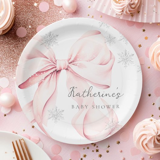 Pink Bow Winter Baby Shower Party Paper Plate Papieren Bordje