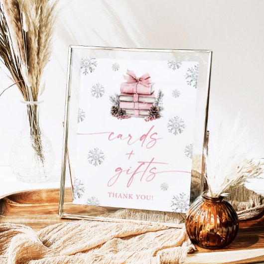 Pink Bow Winter Books Baby Shower Cards & Gifts Poster