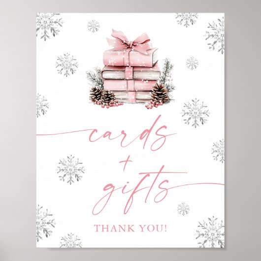 Pink Bow Winter Books Baby Shower Cards & Gifts Poster (Voorkant)