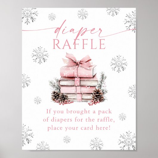 Pink Bow Winter Books Baby Shower Diaper Raffle Poster (Voorkant)