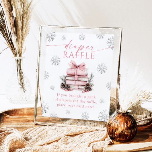 Pink Bow Winter Books Baby Shower Diaper Raffle  Poster