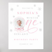 Pink Bow Winter First Birthday Welcome Sign Poster (Voorkant)