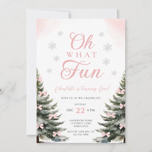 Pink Bow Winter Girl 1st Birthday Kaart (Voorkant)