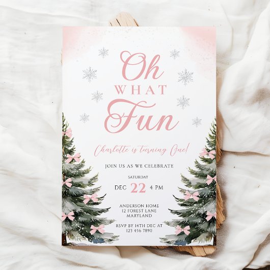 Pink Bow Winter Girl 1st Birthday Kaart