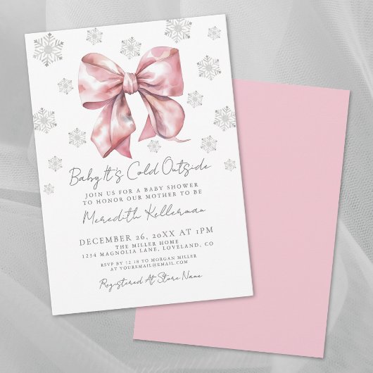 Pink Bow Winter Girl Baby shower Kaart