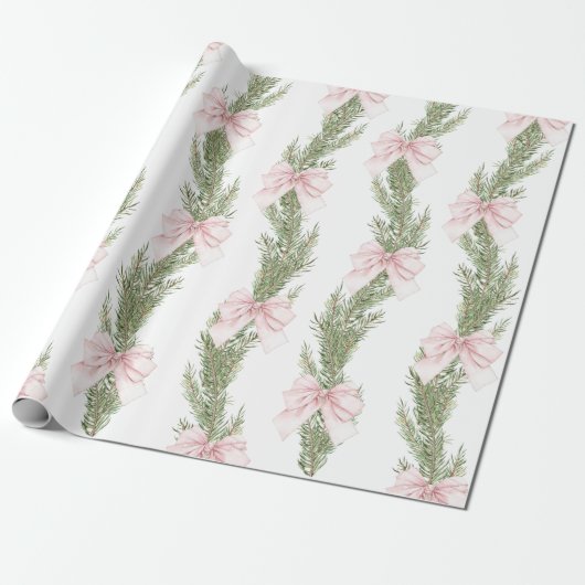 Pink Bow Winter Green Wrapping Paper Cadeaupapier (Uitgerold)