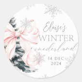 Pink Bow Winter Onederland 1e verjaardag Ronde Sticker (Voorkant)