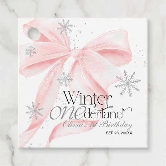 Pink Bow Winter Onederland 1st Birthday Bedankjes Labels (Voorkant)