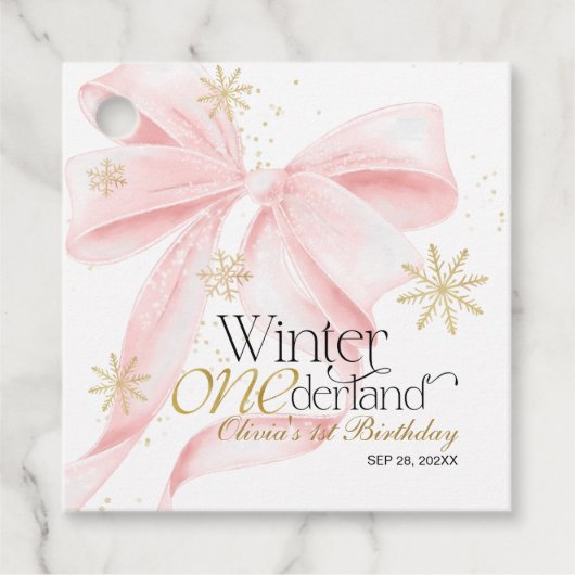 Pink Bow Winter Onederland 1st Birthday Bedankjes Labels (Voorkant)