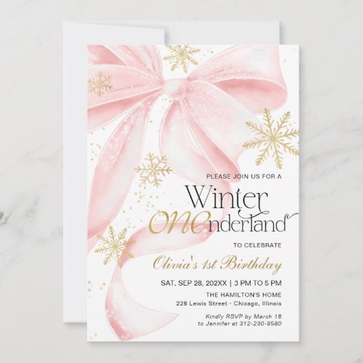 Pink Bow Winter Onederland 1st Birthday Kaart (Voorkant)