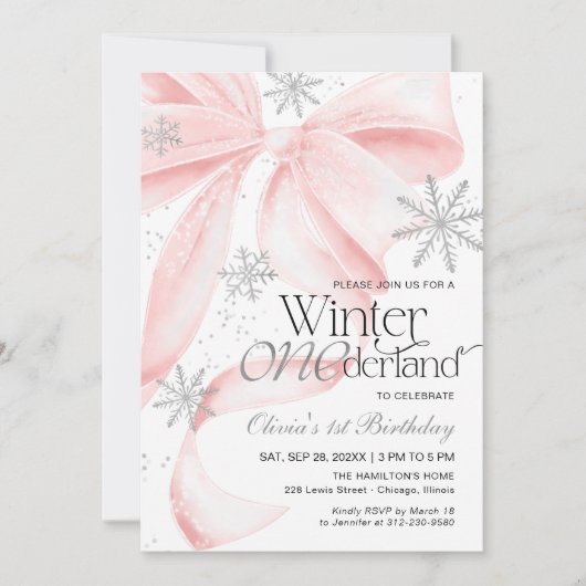 Pink Bow Winter Onederland 1st Birthday Kaart (Voorkant)