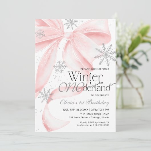 Pink Bow Winter Onederland 1st Birthday Kaart (Staand voorkant)