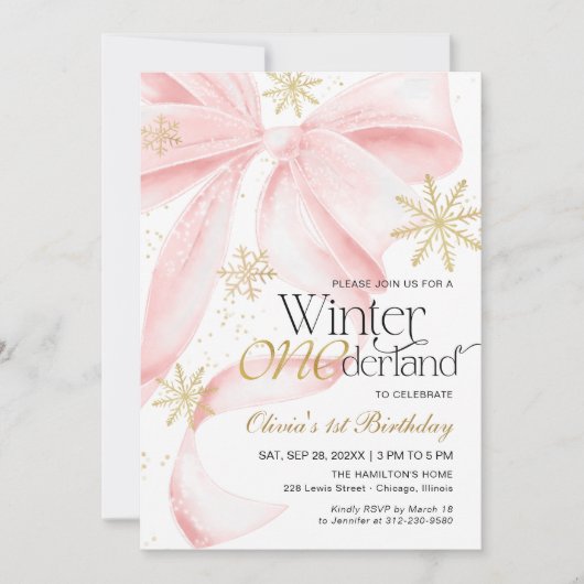 Pink Bow Winter Onederland 1st Birthday Kaart (Voorkant)