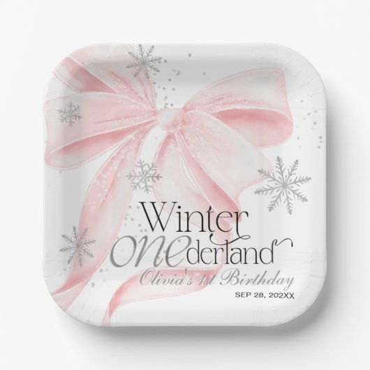 Pink Bow Winter Onederland 1st Birthday Papieren Bordje (Voorkant)