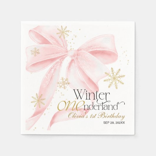 Pink Bow Winter Onederland 1st Birthday Servet (Voorkant)
