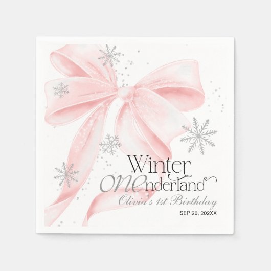 Pink Bow Winter Onederland 1st Birthday Servet (Voorkant)