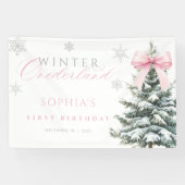 Pink Bow Winter Onederland First Birthday Banner (Horizontaal)