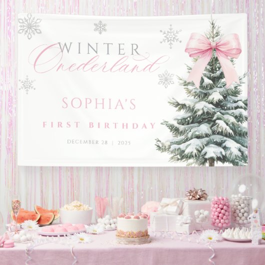 Pink Bow Winter Onederland First Birthday Banner (Feest)
