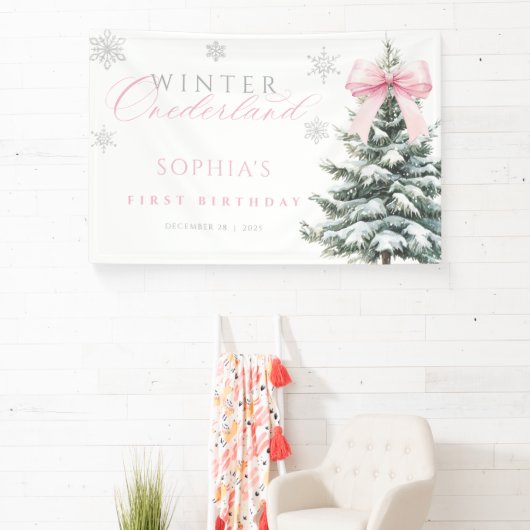 Pink Bow Winter Onederland First Birthday Banner (Insitu)