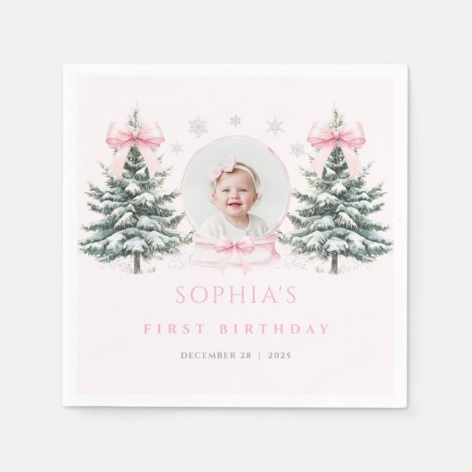 Pink Bow Winter Onederland First Birthday Napkins Servet (Voorkant)