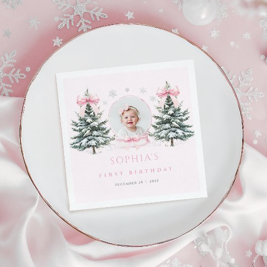 Pink Bow Winter Onederland First Birthday Napkins Servet