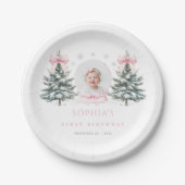 Pink Bow Winter Onederland First Birthday Papieren Bordje (Voorkant)