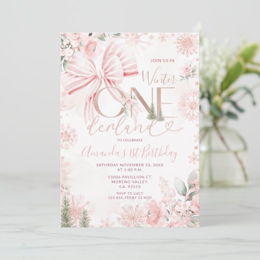 Pink Bow Winter Onederland Floral First Birthday Kaart (Staand voorkant)