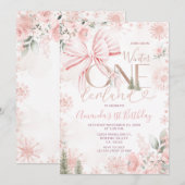 Pink Bow Winter Onederland Floral First Birthday Kaart (Voorkant / Achterkant)