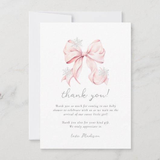 Pink Bow Winter Snowflake Baby shower Bedankkaart (Voorkant)