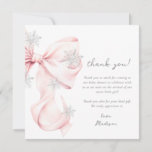Pink Bow Winter Snowflake Baby shower Bedankkaart (Voorkant)