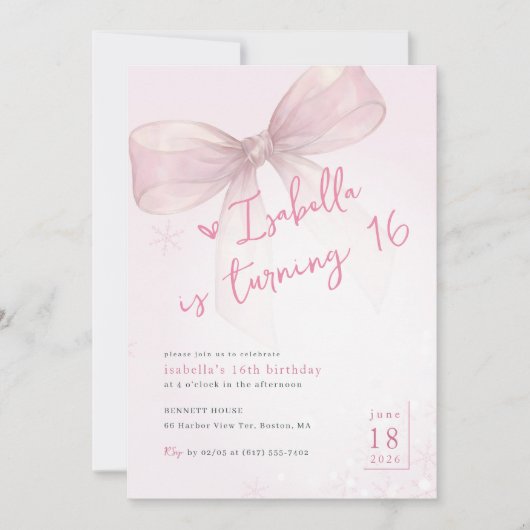 Pink Bow Winter Snowflake Girl 16th Birthday Kaart (Voorkant)