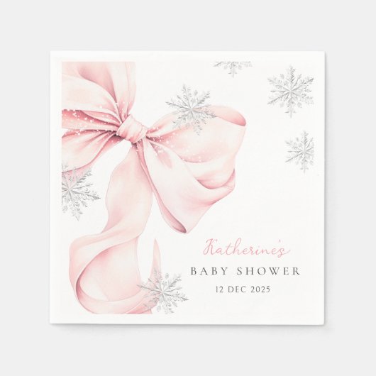 Pink Bow Winter Theme Snowflake Baby Shower Servet (Voorkant)