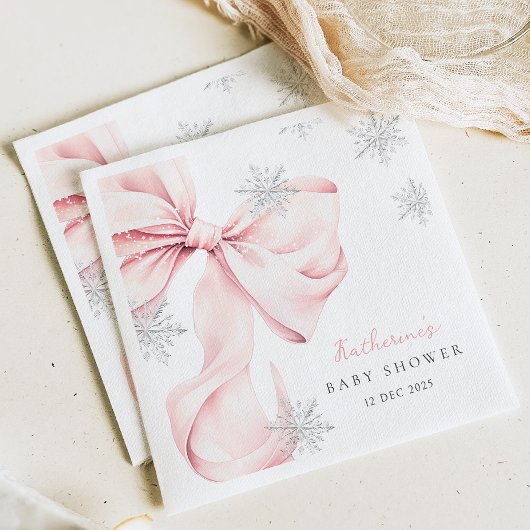 Pink Bow Winter Theme Snowflake Baby Shower Servet