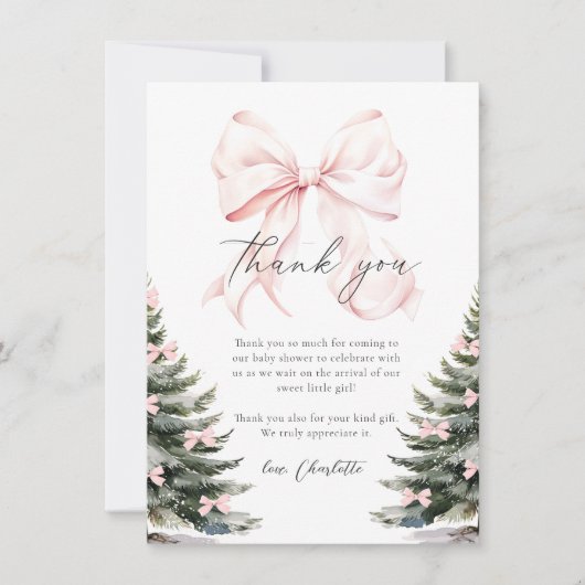 Pink Bow Winter Trees Baby shower Bedankkaart (Voorkant)