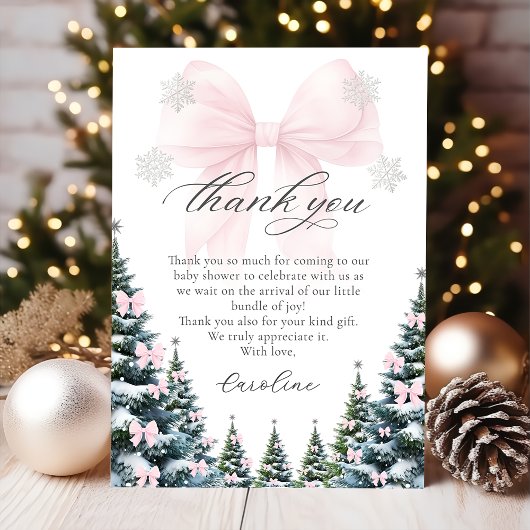 Pink Bow Winter Trees Baby Shower Thank You Card Bedankkaart