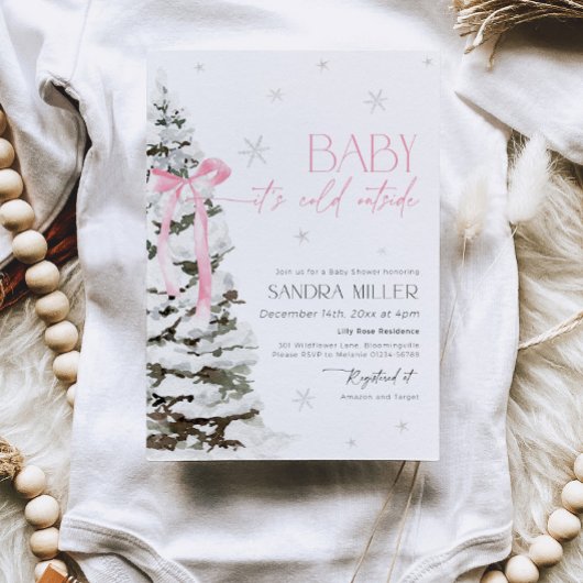 Pink Bow Winter Wonderland Girl Baby Shower Kaart