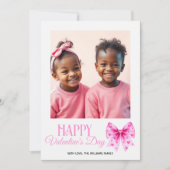 Pink bow with hearts stripes Valentine's Day photo Feestdagenkaart (Voorkant)